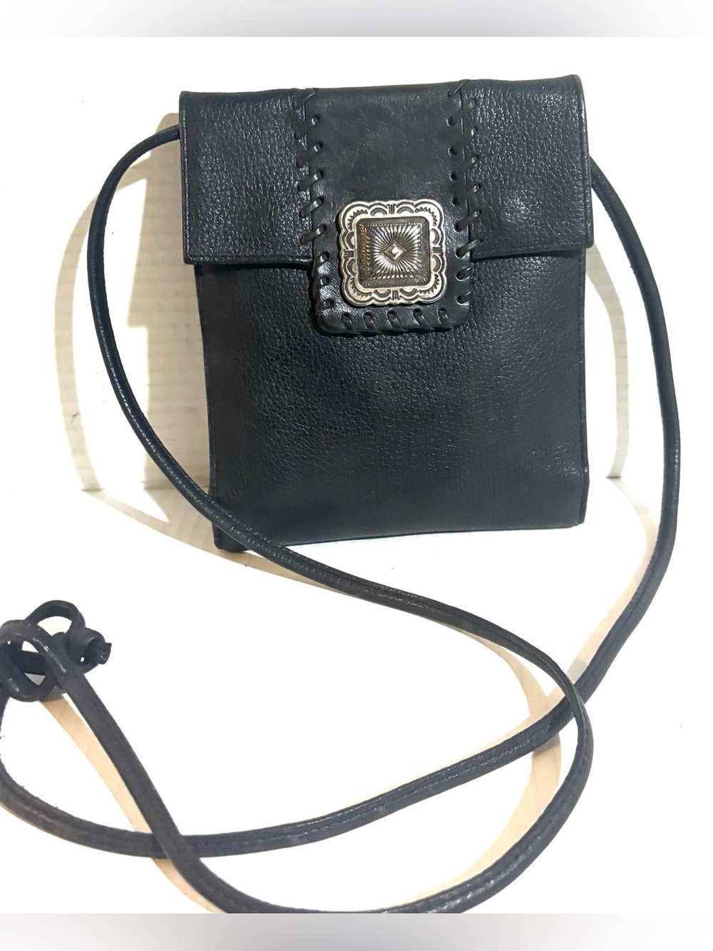 Vintage unisex Black Leather Crossbody wallet Bag with Decorative Concho